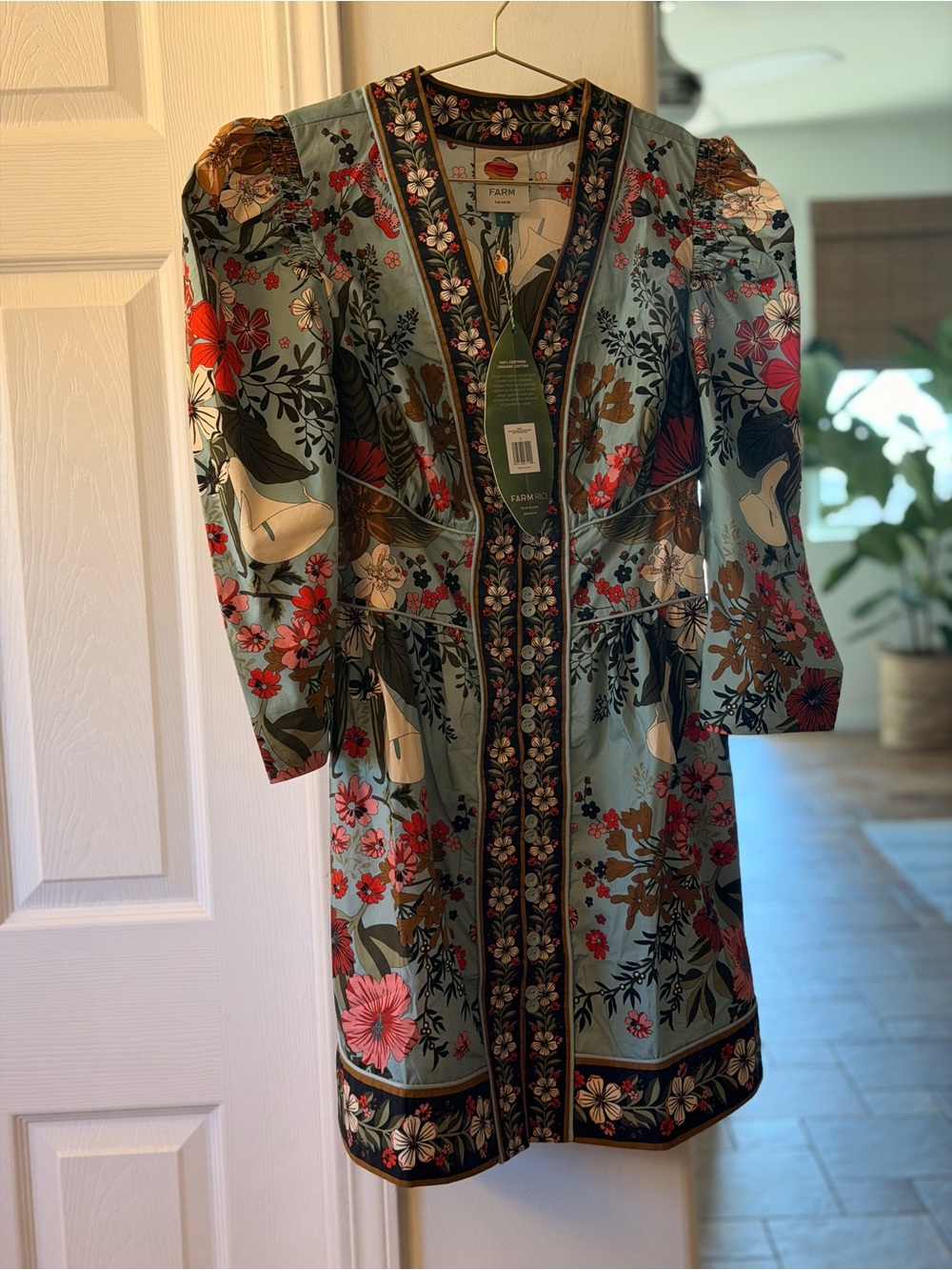 FARM Rio Teal Floral Dress with Red and Pink Accents